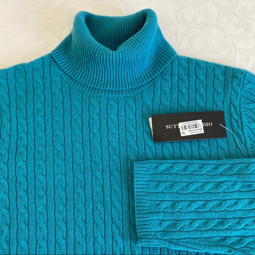Sutton studio teal cable knit cashmere sweater